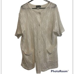 Madalana White and Black Eyelet Full Button Cover Up